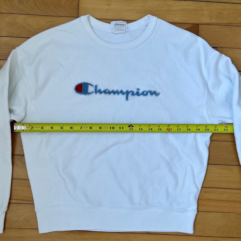 Champion Reverse Weave White Chenille Logo Sweatshirt Men Medium Pullover Fleece - Picture 5 of 5